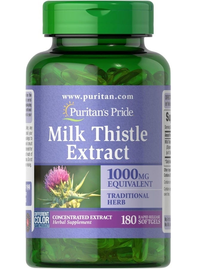 Puritan's Pride Milk Thistle 4:1 Extract 1000 Mg (Silymarin) Softgels, for Liver Support, 180 Count - Image 1